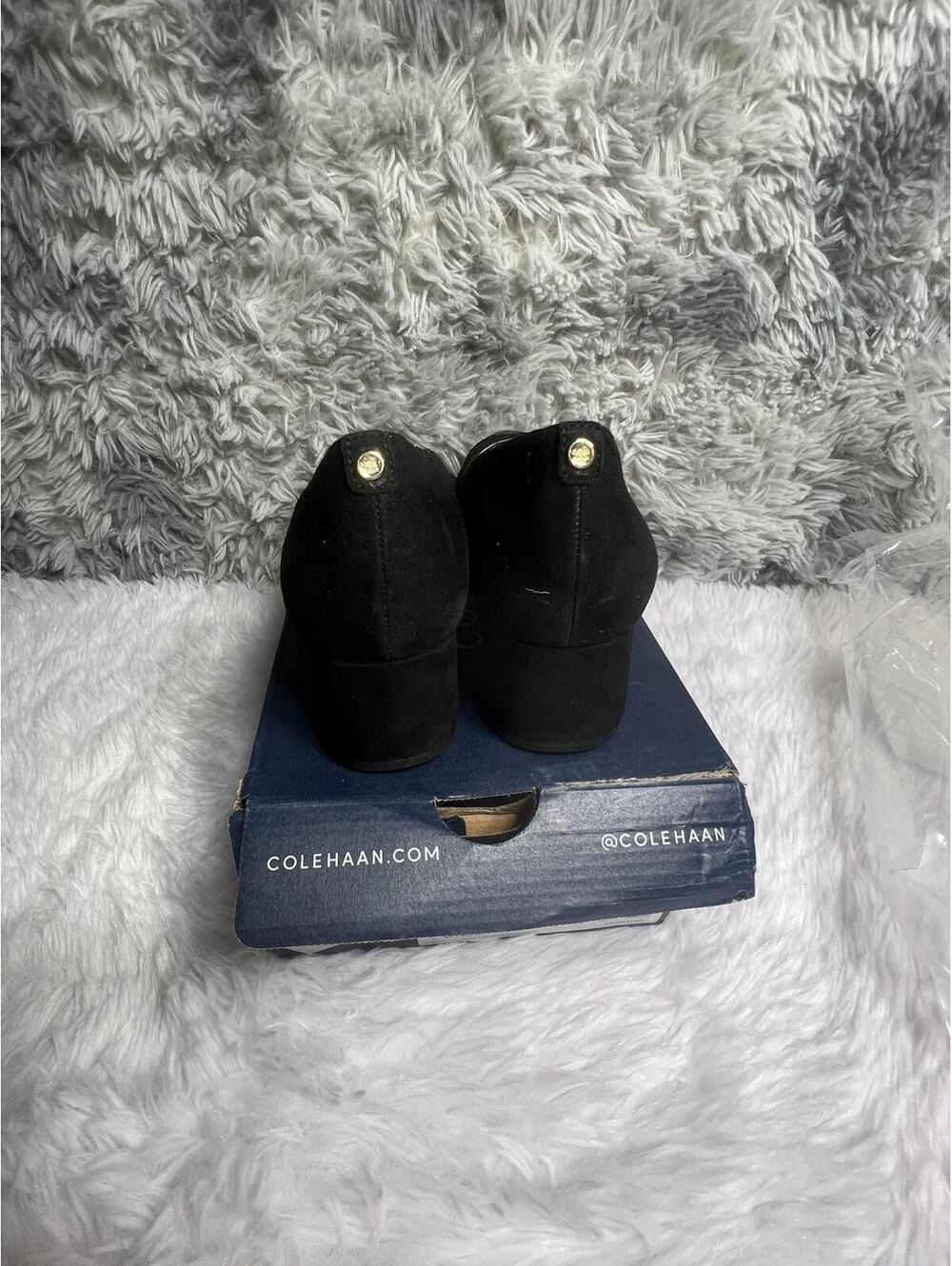 Cole Haan Black Low Block Heel Pumps with Croc-Embossed Toe - Picture 4 of 9